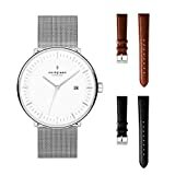Nordgreen Skandinavische Design Herren Uhr Set Analog Quarz Silber | Weißes Ziffernblatt | 3 auswechselbare Armbänder: Silbernes Mesh, braunes & schwarzes Leder | Modell: Philosopher