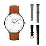 Nordgreen Skandinavische Design Herren Uhr Set Analog Quarz Anthrazit | Weißes Ziffernblatt | 3 auswechselbare Armbänder: Braunes & schwarzes Leder, anthrazites Mesh | Modell: Philosopher