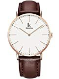 Alienwork IK Armbanduhr Herren Damen Rosegold Lederarmband braun Weiss Ultra-flach