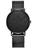 Alienwork IK All Black Armbanduhr Herren Damen schwarz Metall Mesh Armband Edelstahl Ultra-flach