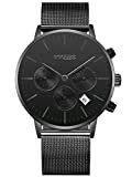 Alienwork All Black Armbanduhr Herren Damen schwarz Metall Mesh Armband Edelstahl Kalender Datum